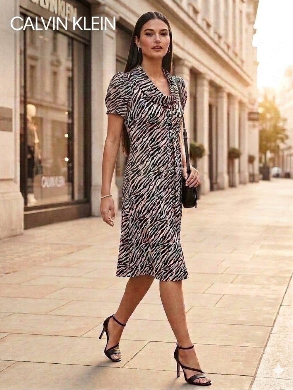 Calvin Klein Black and Cream Zebra Print Cowl Neck Dress